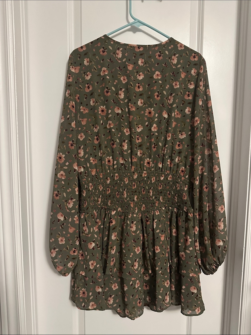 Dynamite Olive Floral V-Neck Smocked Waist Mini Dress - Picture 7 of 12